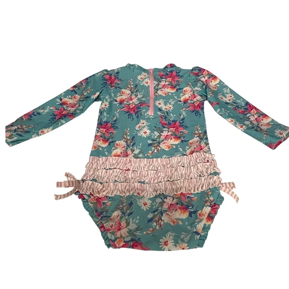 RuffleButts Girls Teal Floral Long Sleeve Rash Guard Swimsuit 18-24M Ruffles